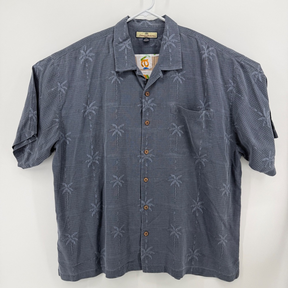 Tommy Bahama Shirt Mens XXL Blue Palm Tree 100% Silk Short Sleeve Camp Button Up